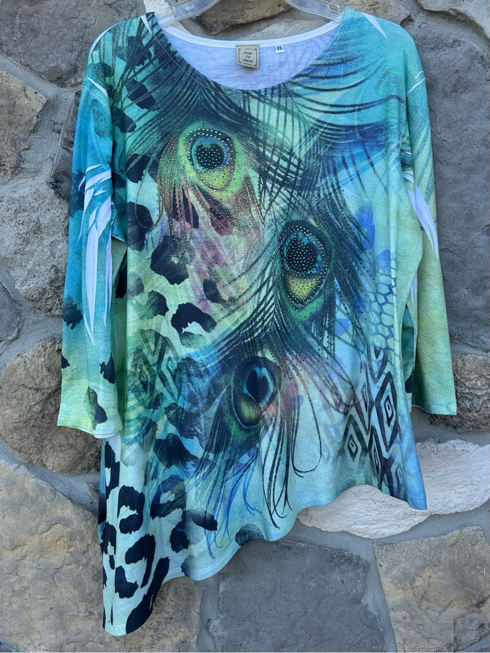 Jess & Jane Tunic Top Size XL Rhinestone Peacock Print Artsy Statement Blouse